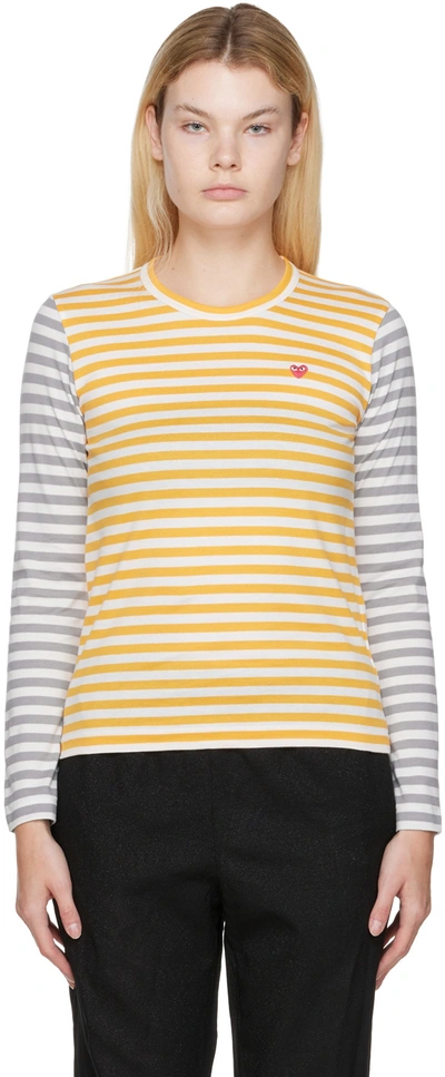 Shop Comme Des Garçons Play Green & Gray Striped T-shirt In Yellow/gray