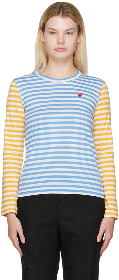 Shop Comme Des Garçons Play Blue & Yellow Striped T-shirt In Blue/yellow