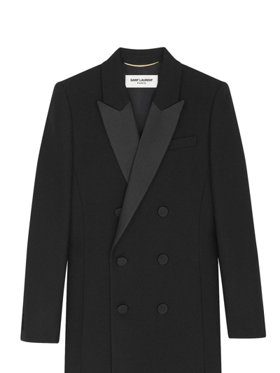 Shop Saint Laurent Double-breasted Wool Long Coat In Black