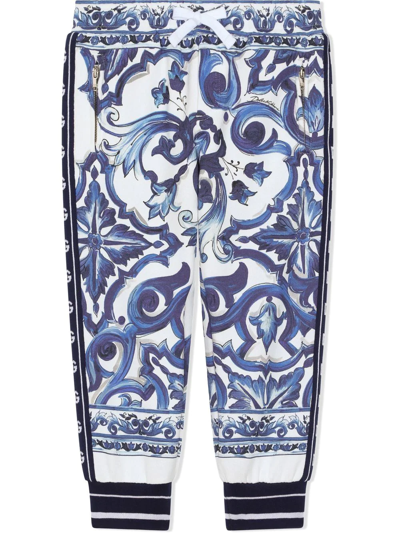 Dolce & Gabbana Blue Majolica Print Cotton Track Pants In Blue