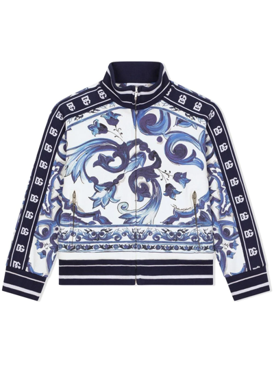 Dolce & Gabbana Blue Majolica Print Cotton Bomber Jacket In Blue