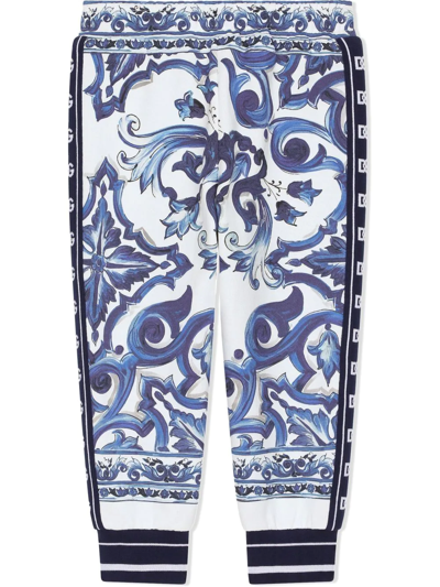 Dolce & Gabbana Blue Majolica Print Cotton Track Pants In Blue