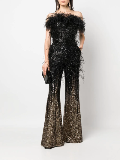 Shop Elie Saab Strapless Sequin-feather Embellished Jumpsuit In Black