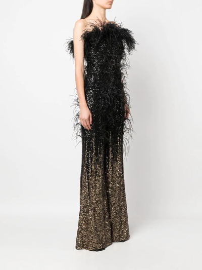 Shop Elie Saab Strapless Sequin-feather Embellished Jumpsuit In Black