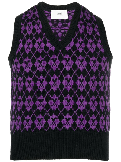Shop Ami Alexandre Mattiussi Ami De Coeur Argyle Vest In Purple
