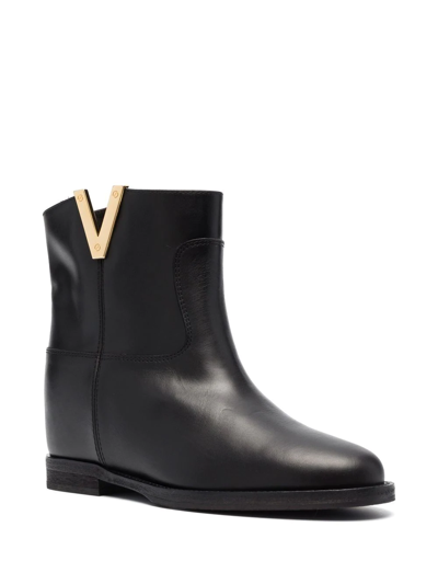 Via Roma 15 Calfskin Ankle Boot With Decorative Gold-tone Plaque In Black
