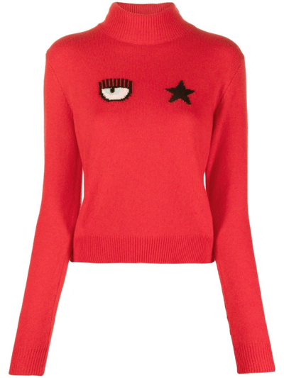 Shop Chiara Ferragni Intarsia-knit Long-sleeve Jumper In Red