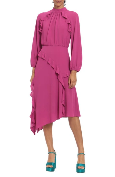 Shop Donna Morgan For Maggy Ruffle Long Sleeve Midi Dress In Fuschia