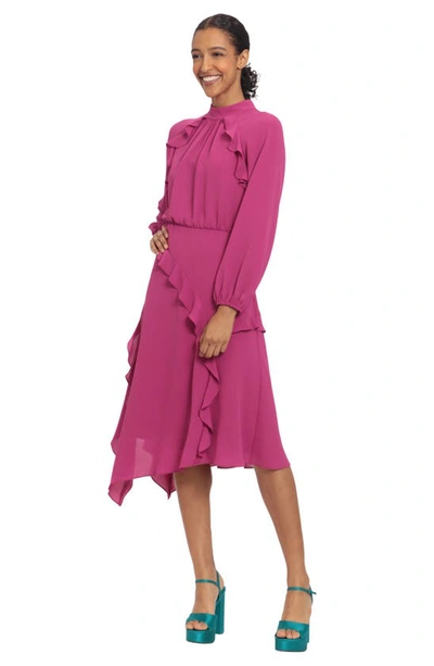 Shop Donna Morgan For Maggy Ruffle Long Sleeve Midi Dress In Fuschia