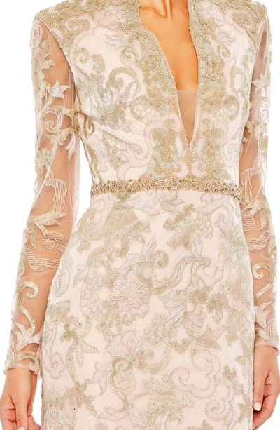 Shop Mac Duggal Beaded Queen Anne Lace Long Sleeve Trumpet Gown In Blush