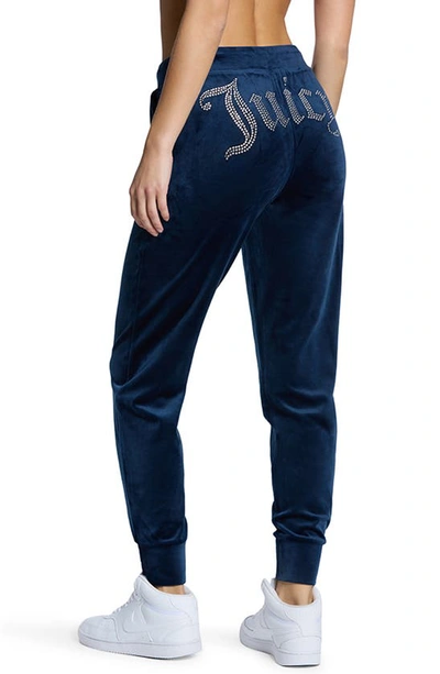 Shop Juicy Couture Embellished Drawstring Velour Joggers In Regal Blue