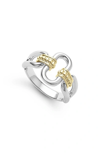 Lagos Sterling Silver And 18k Signature Caviar 13mm Oval Link Ring In Silver Gold