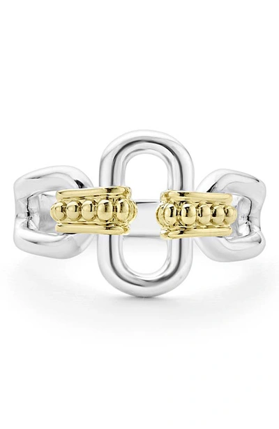 Lagos Sterling Silver And 18k Signature Caviar 13mm Oval Link Ring In Silver Gold