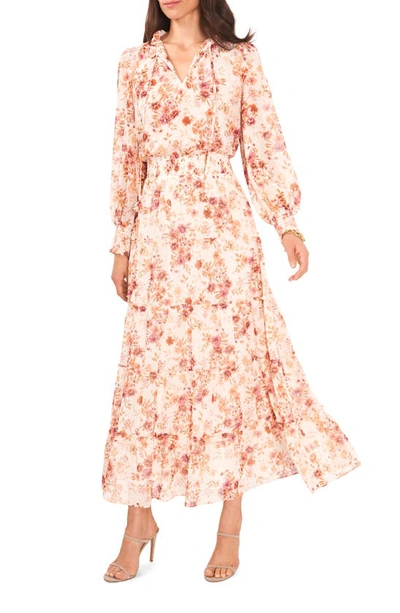 Shop Chaus Smocked Long Sleeve Maxi Dress In Cream/ Multi