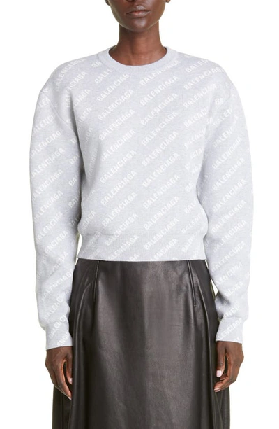 Shop Balenciaga Allover Logo Crop Sweater In Grey/ White