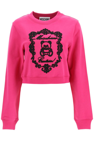 Shop Moschino Cropped Sweatshirt With Teddy Bear Embroidery In Fuchsia