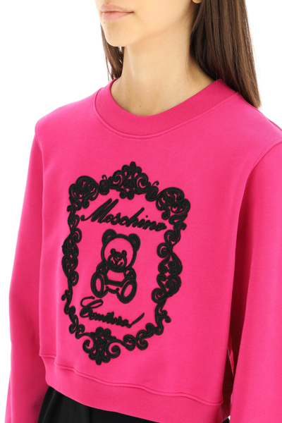 Shop Moschino Cropped Sweatshirt With Teddy Bear Embroidery In Fuchsia