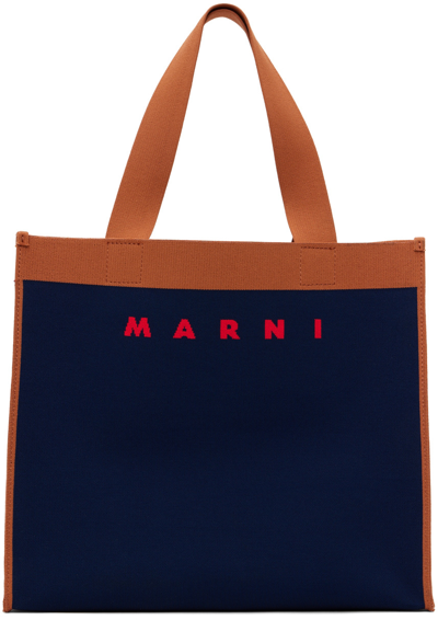 Shop Marni Navy & Tan Jacquard Tote In Zo195 Iris/peanuts/r