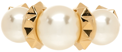 Shop Valentino Gold Rockstud Pearl Ring In 0o3 Oro 18/cream