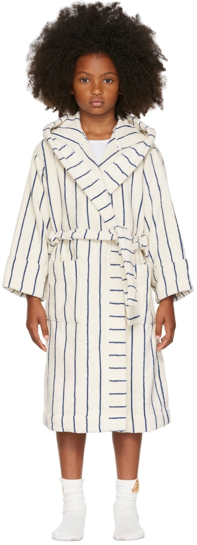 Shop Tekla Kids Off-white & Navy Stripe Hooded Bathrobe In Carmel Stripes