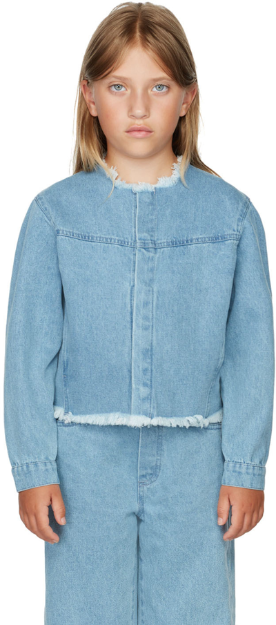 Shop M.a+ Kids Blue Denim Collarless Jacket In Baby Blue