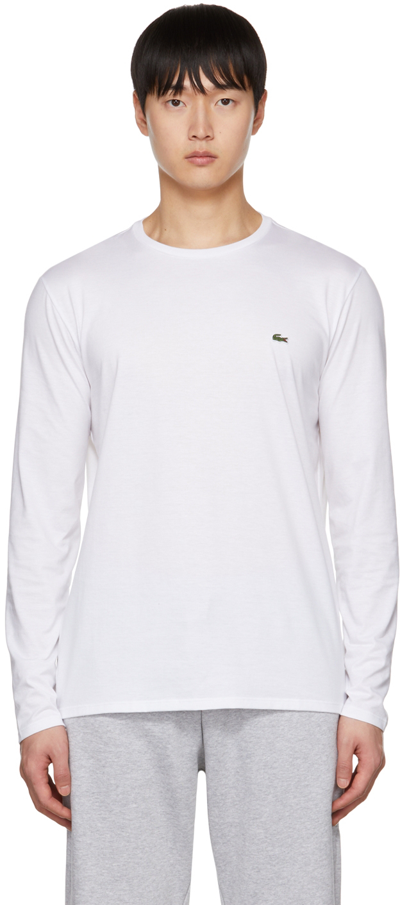Shop Lacoste White Embroidered Long Sleeve T-shirt In 001 White