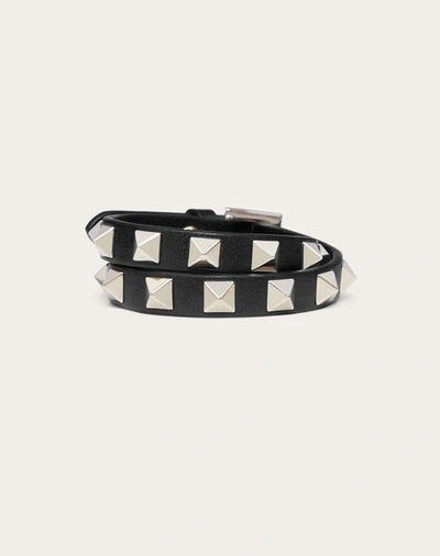 Shop Valentino Garavani Rockstud Calfskin Double-strap Bracelet Woman Black Uni