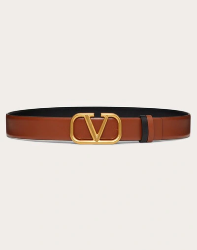 Shop Valentino Garavani Reversible Vlogo Signature Belt In Glossy Calfskin 30 Mm Woman Saddle Brown/black