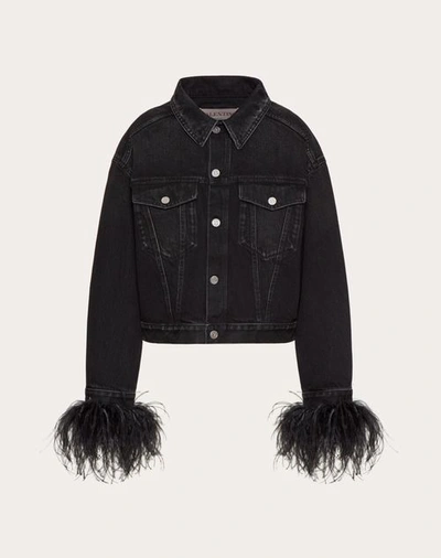 Shop Valentino Embroidered Denim Jacket With Feathers Woman Black 42