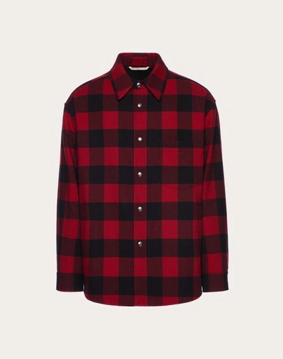 Shop Valentino Wool Check Overshirt With  Embroidery In Red/black