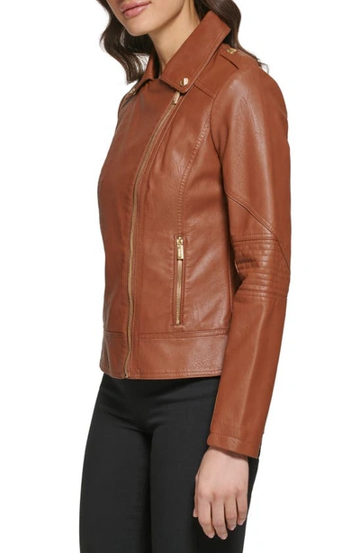 Shop Guess Faux Leather Asymmetrical Moto Jacket In Cognac