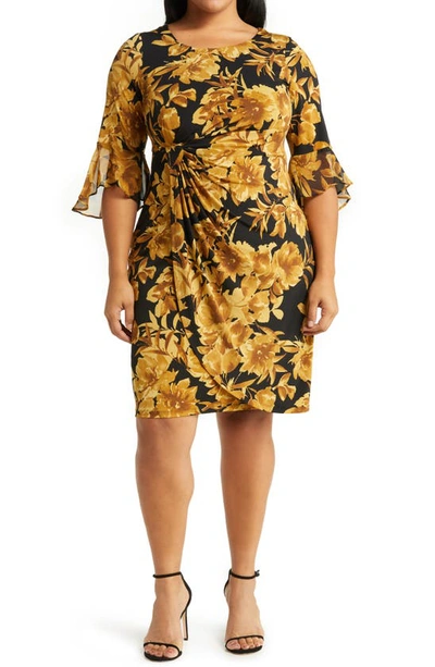 Shop Connected Apparel Floral Knit Faux Wrap Dress In Mustard