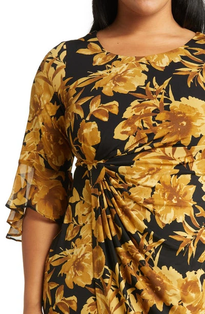 Shop Connected Apparel Floral Knit Faux Wrap Dress In Mustard