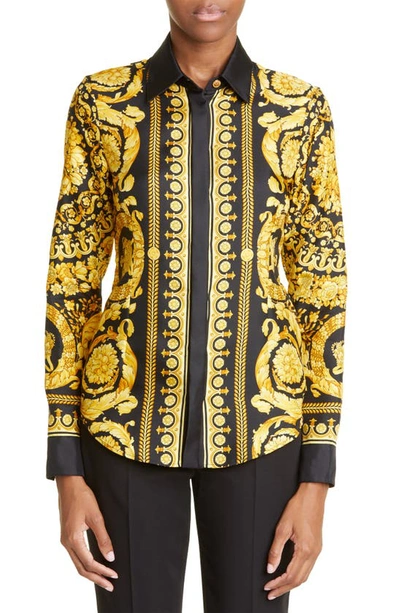 Shop Versace Barocco Print Silk Blouse In Black Gold