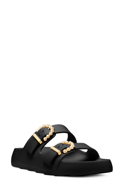 Shop Stuart Weitzman Imitation Pearl Buckle Slide Sandal In Black