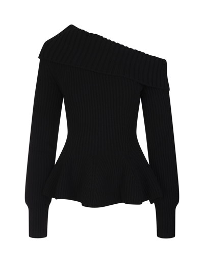 Shop Alexander Mcqueen Woman Black One Shoulder Sweater With Ruffles