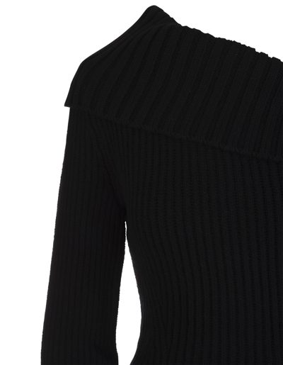 Shop Alexander Mcqueen Woman Black One Shoulder Sweater With Ruffles