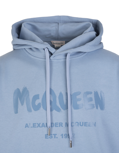 Shop Alexander Mcqueen Man Light Blue Mcqueen Graffiti Hoodie In Sky Blue