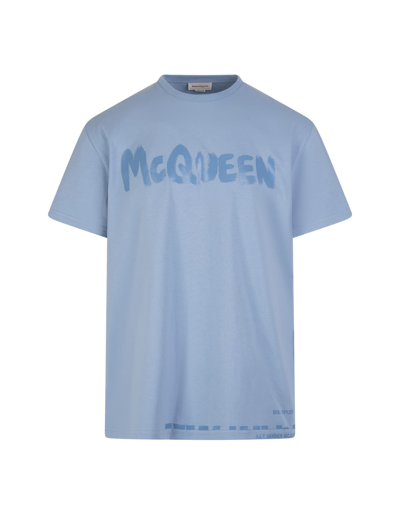 Shop Alexander Mcqueen Man Light Blue Mcqueen Graffiti T-shirt In Sky Blue/mix