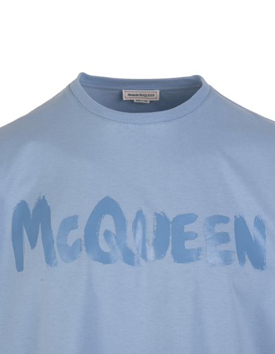 Shop Alexander Mcqueen Man Light Blue Mcqueen Graffiti T-shirt In Sky Blue/mix