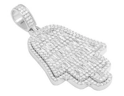 Pre-owned Jewelry Unlimited 14k White Gold Baguette Real Diamond Hamsa Hand Pendant 2.25" 5 1/2 Ct In F-g