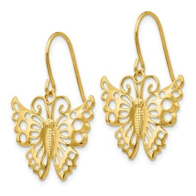 Pre-owned Superdealsforeverything Real 14kt Yellow Gold Dangle Butterfly Shepherd Hook Earrings