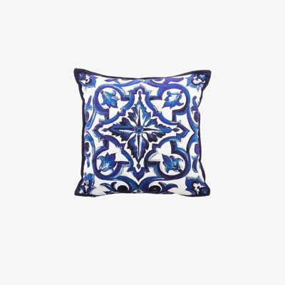 Shop Dolce & Gabbana Blue Majolica Print Cotton Cushion In White