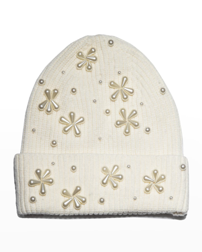 Shop Lele Sadoughi Pearly Snowflake Rib Knit Beanie In Ivory