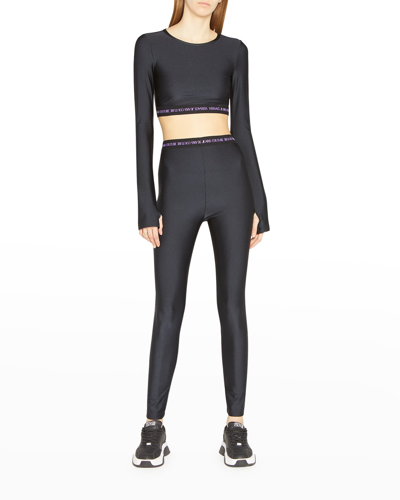 Shop Versace Jeans Couture Long-sleeve Logo Band Crop Top In Nero