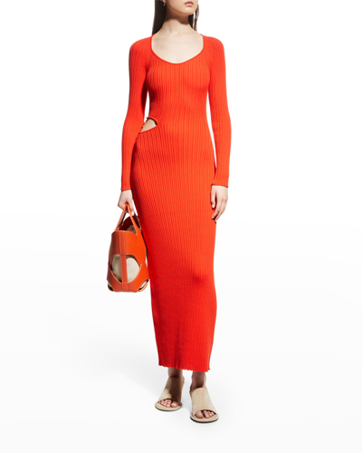 Shop Aeron Vivier Rib-knit Long Sleeve Cut-out Maxi Dress In Red
