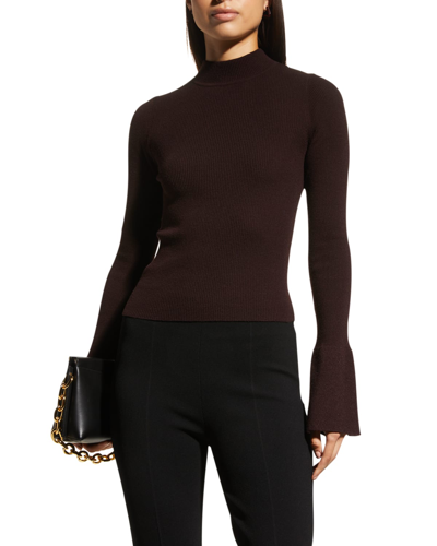 Shop A.l.c Devin Ribbed Mock-neck Bell-cuff Sweater In Chocolate