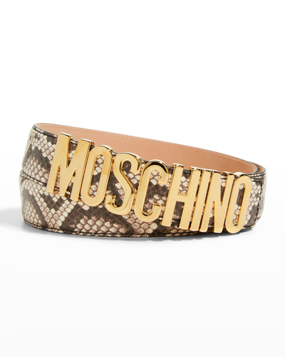 Shop Moschino Men's Python Print Leather Logo Belt In Beige
