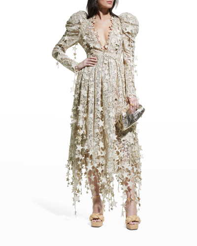 Shop Zimmermann Celestial Zodiac Star Cut-out Puffed Sleeve Gown In Champagne