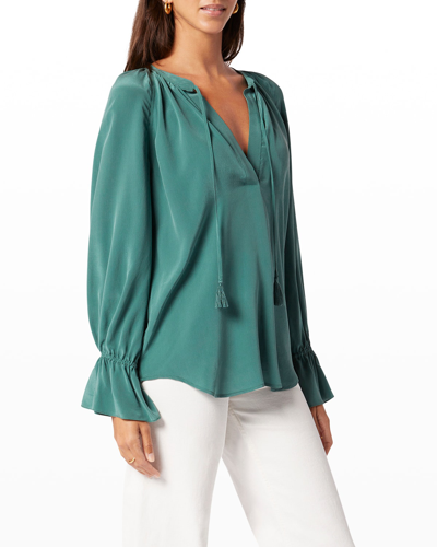 Shop Joie Plus Cecarina Ruched Bell-sleeve Tassel Top In Posy Green